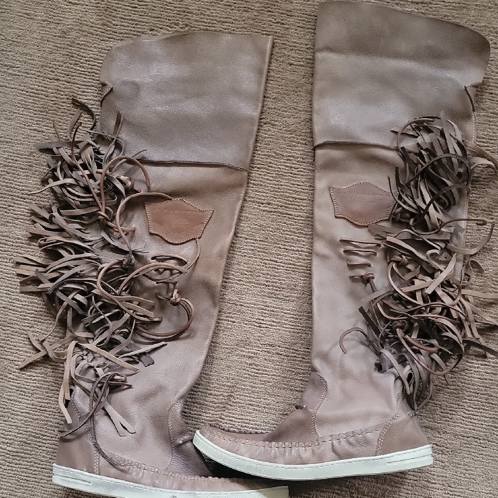 Women's Over-the-Knee Fringeleather Boots Taupe Pervium Collection OLD ALPACHE